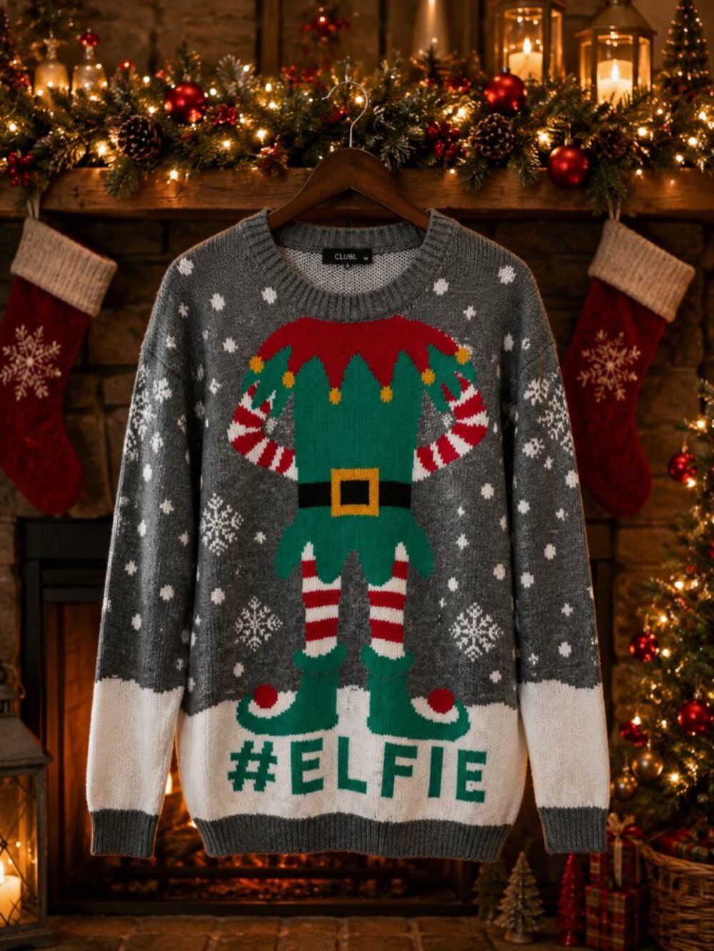 Club L Christmas Elf Ugly Christmas Sweater Gray White Knit Size M